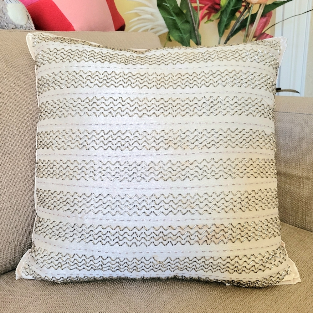 Decorative Pillow 15x15 Beaded Chevron Patterned Off White Ivory Square Cushion